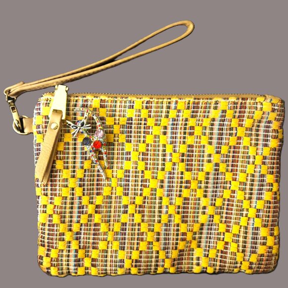 Colorful Miztique Cotton Woven Large Wristlet Tan Leather Straps Gold Hardware - Picture 6 of 8